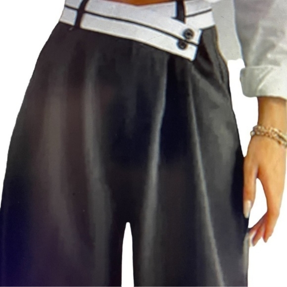 Commense Trousers Womens Black Wide Leg Pleated  High Waist White Belted - Picture 3 of 3